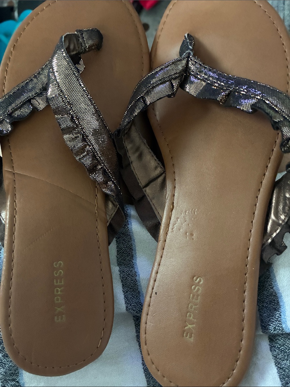 Express Metallic rose gold Pewter Ruffle Thong Sandals
